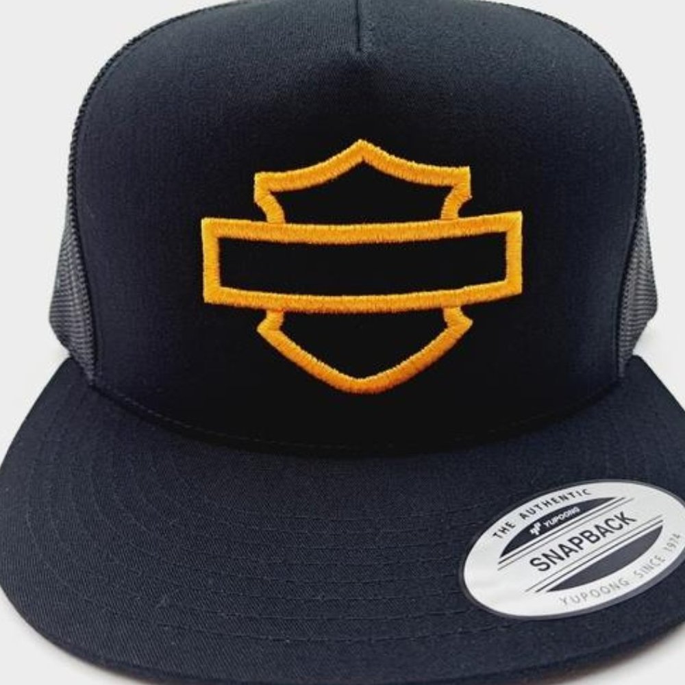 HD Biker Retro Shield Puff Embroidered Flat Bill Trucker Mesh Snapback Cap Hat